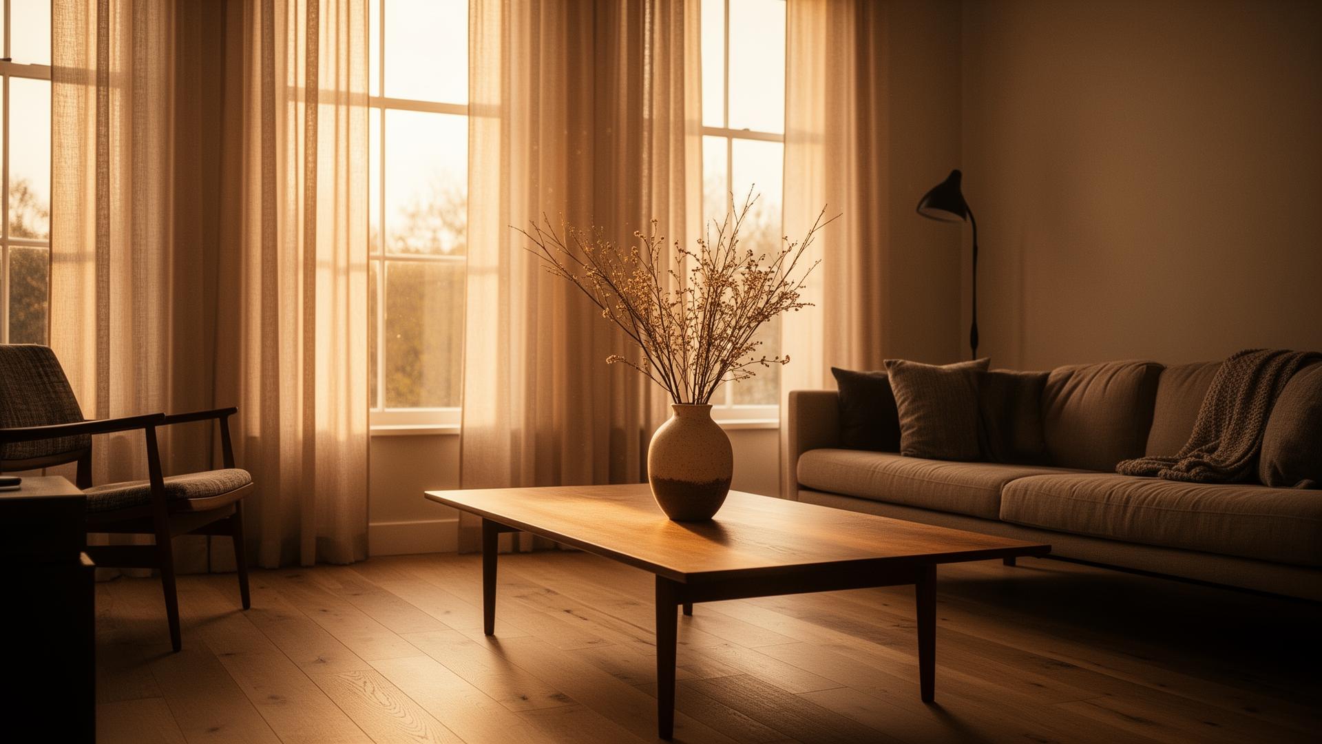 Sunlit modern living room interior at golden hour