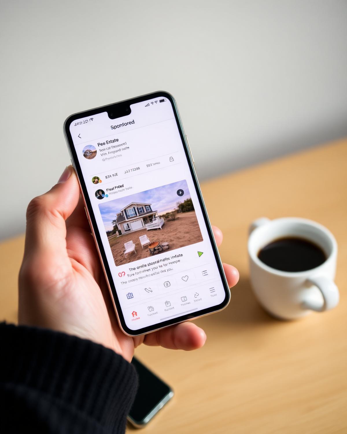 Phone showing a sponsored property advert in a social feed