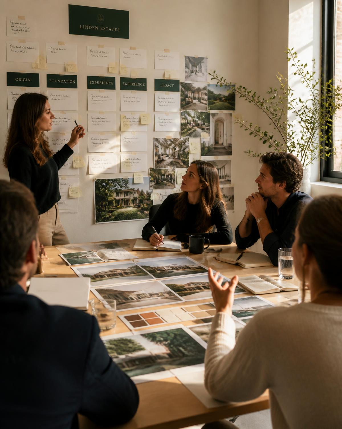 Narrative framework sketches, index cards and a mood board laid out on a desk